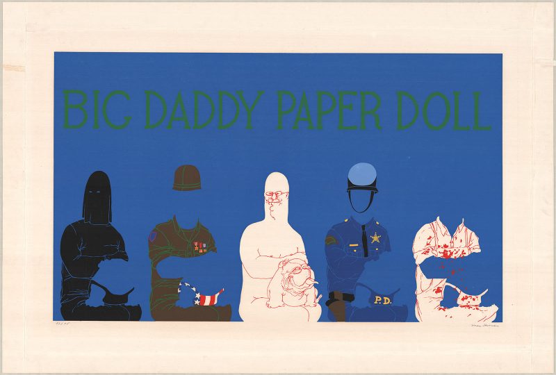 Blue background with five abstract figures, two on left are police, middle is a white colored figure and the right are police again