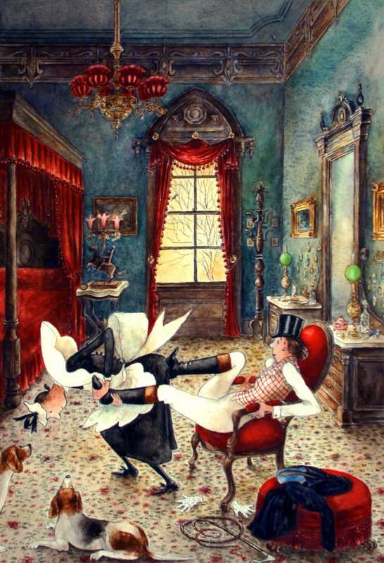 Painting of two women in a elaborate house , a maid pulling a boot of the other woman who is wearing a checkered blouse and tophat
