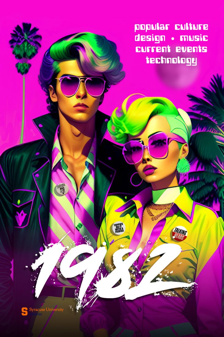 AI generated graphic of male and female in neon colors wearing purple glasses, green hair and purple sky