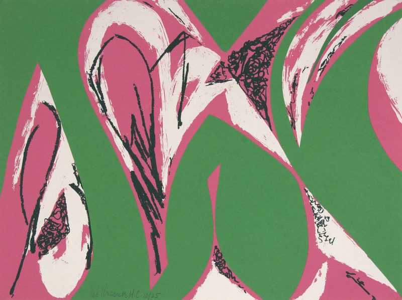 abstract artwork using greens, pinks, and whites in swirling lines