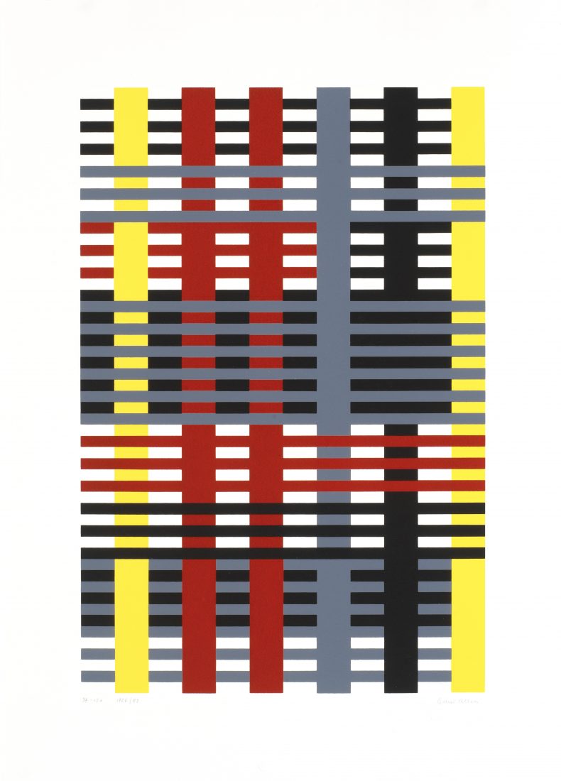 Fine art print of grid lines intersecting in red, yellow, black and gray