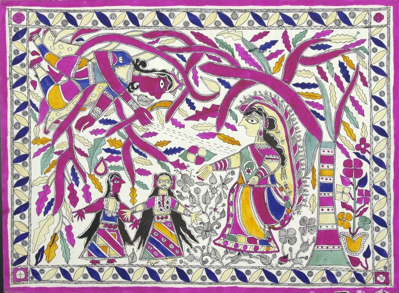 Brightly colored painting of three figures in the center surrounded by birght pink and green trees and foliage