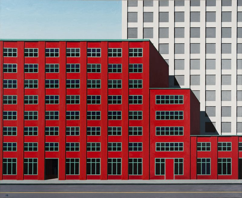 Painting of a red building with many windows in front of a taller white building