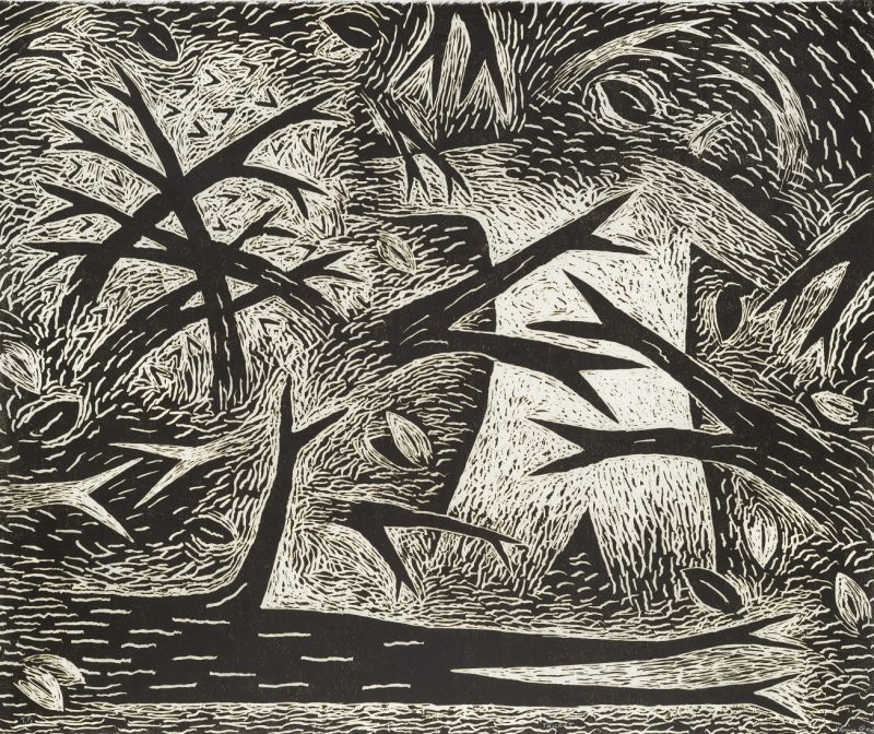 Black and white print of vines