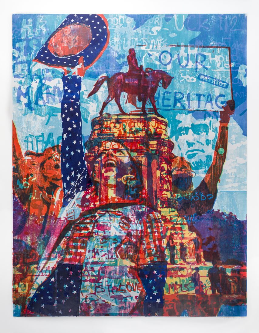 multi colored fine art print of a layered image of a monument of a horse wiht a person over it, with a blue background