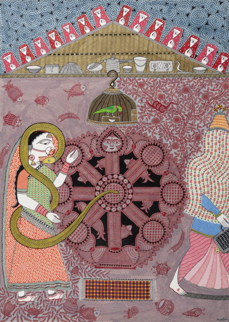 Painting depicts a man (the groom) walking just out of frame to the right, holding a case (the dowry). To the left is a woman with a snake wrapped around her body. A bird in a cage hangs in the middle of the image.