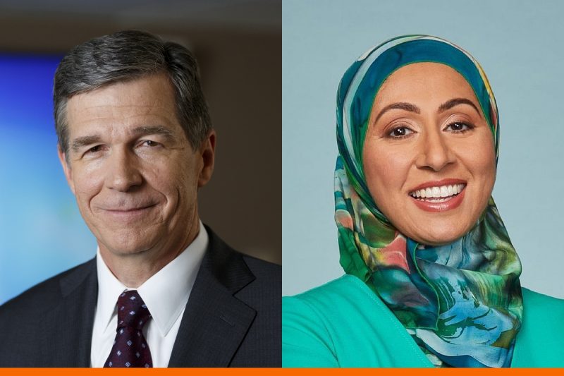 Side-by-side headshots of keynote speaker Roy Cooper, Governor of North Carolina, and master of ceremonies Asma Khalid, White House Correspondent for NPR.