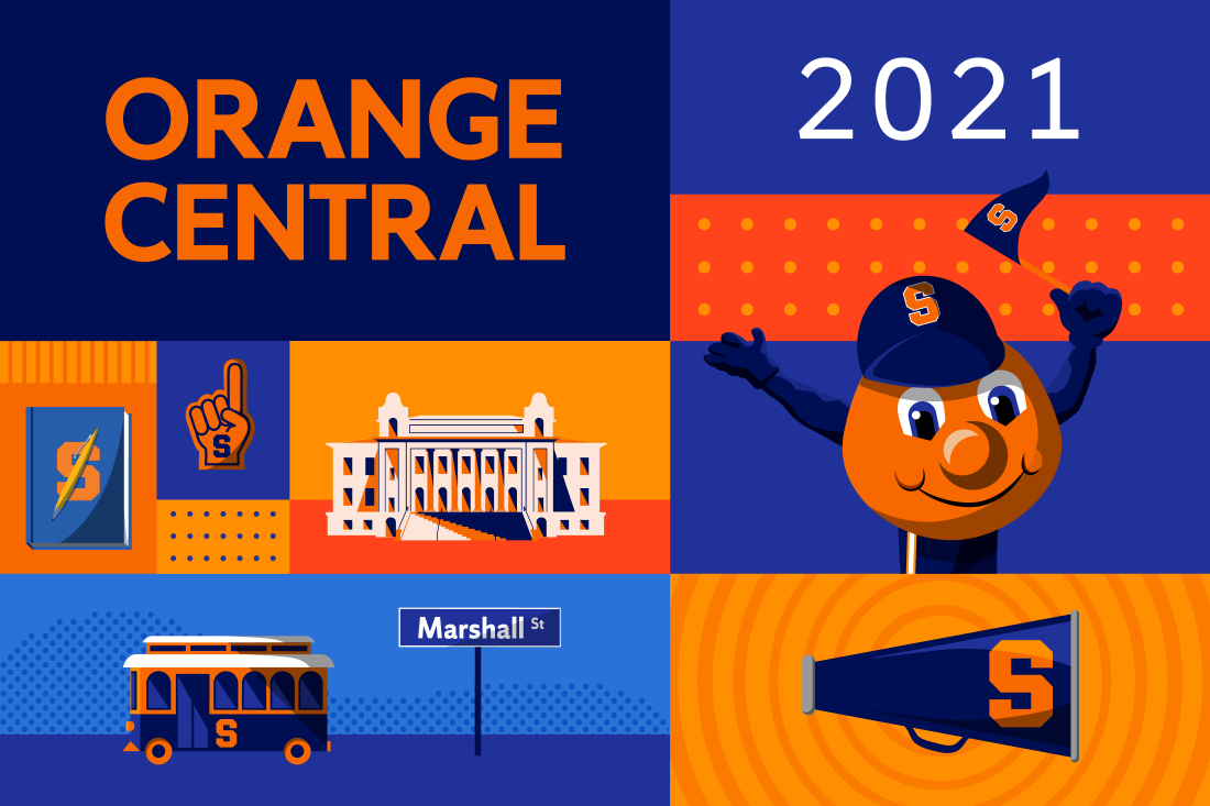Graphics featuring the Otto the Orange holding a pennant, the 'Cuse Trolley and a sign for Marshall Street with text reading Orange Central 2021