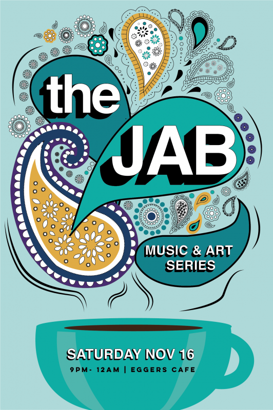 Illustration of a coffee cup with steam rising. In text The Jab - Music & Art Series.