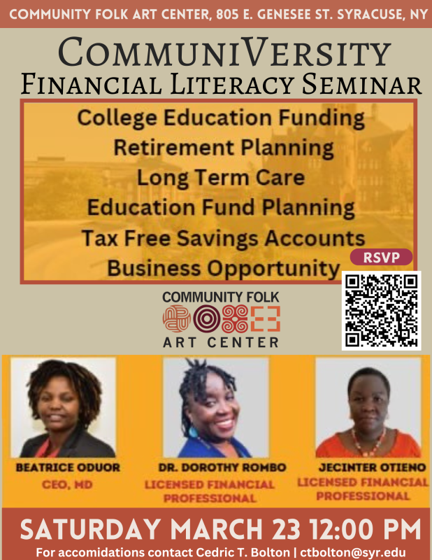 CommuniVersity Financial Literacy Seminar - Image of Syracuse, Beatrice Oduor,  Dr. Dorothy Rombo, and Jecinter Otiento