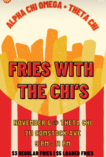 A stylized red, orange and yellow cup of fries with text detailing the event overlaid