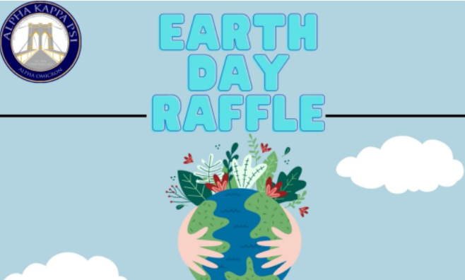 In text: Earth Day raffle. Earth with arms wrapped around it.