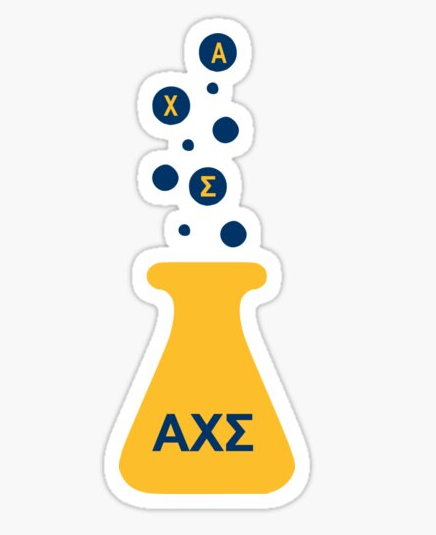Alpha Chi Sigma greek letter on a graphic of a chemistry beaker with bubbles rising out of it