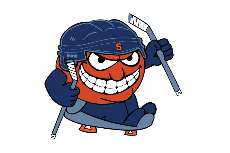 Illustration of angry Otto the Orange using a hockey sled.