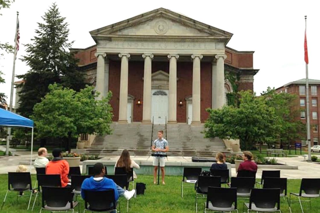 Students gather in front of Hendricks Chapel for worship service