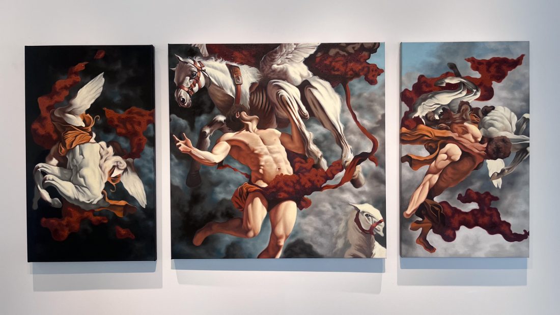 Three paintings of an individual with a horse.
