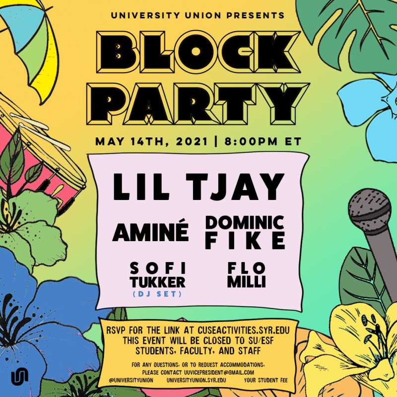 A tropical, summertime themed illustration with text announcing Block Party event details. 