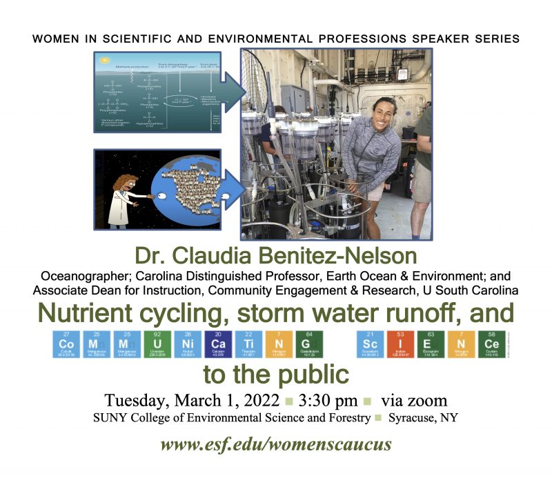 Collage of photos depicting P cycling, Dr. Benitez-Nelson with equipment, and an artists' rendition of a climate scientist