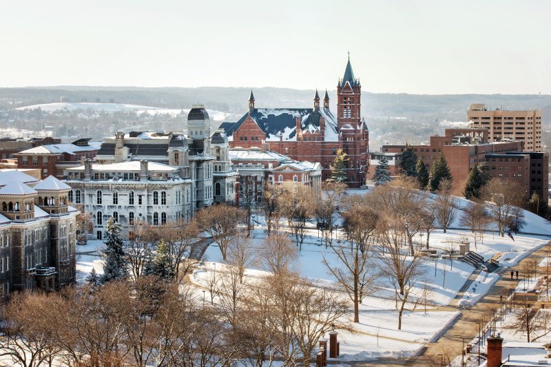 An ariel image of the Syracuse University campus during the winter of 2020.