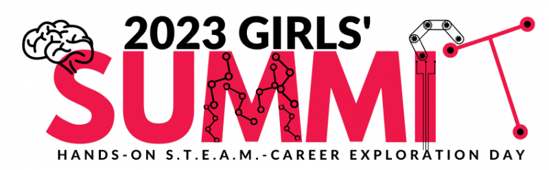 2023 Girls' Summit, with a brain coming out of the letter S, M comprised of molecules, and the I  a crane lifting a T made of beams.