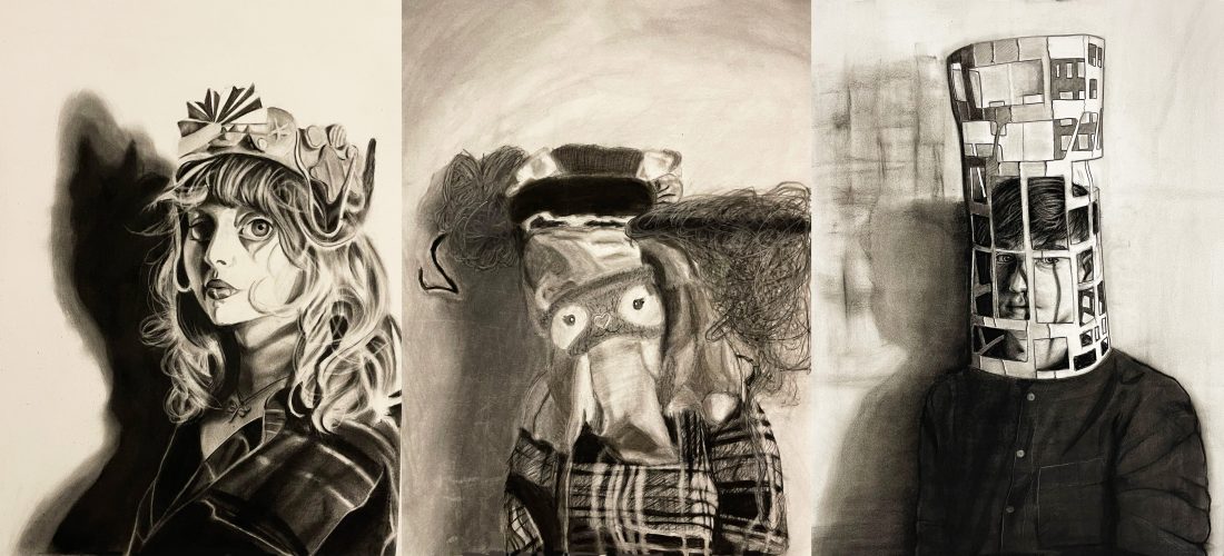 three charcoal self-portraits