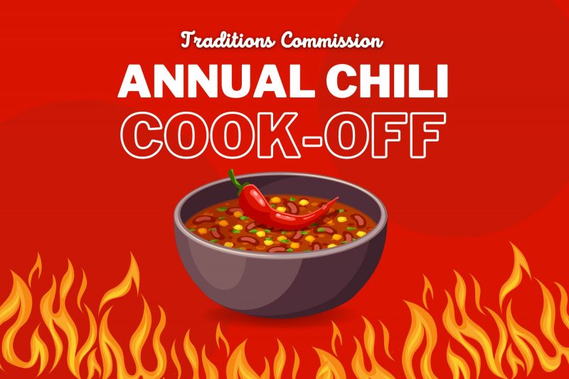 Traditions Commission Annual Chili Cook-off above a bowl of chili and flames below bowl