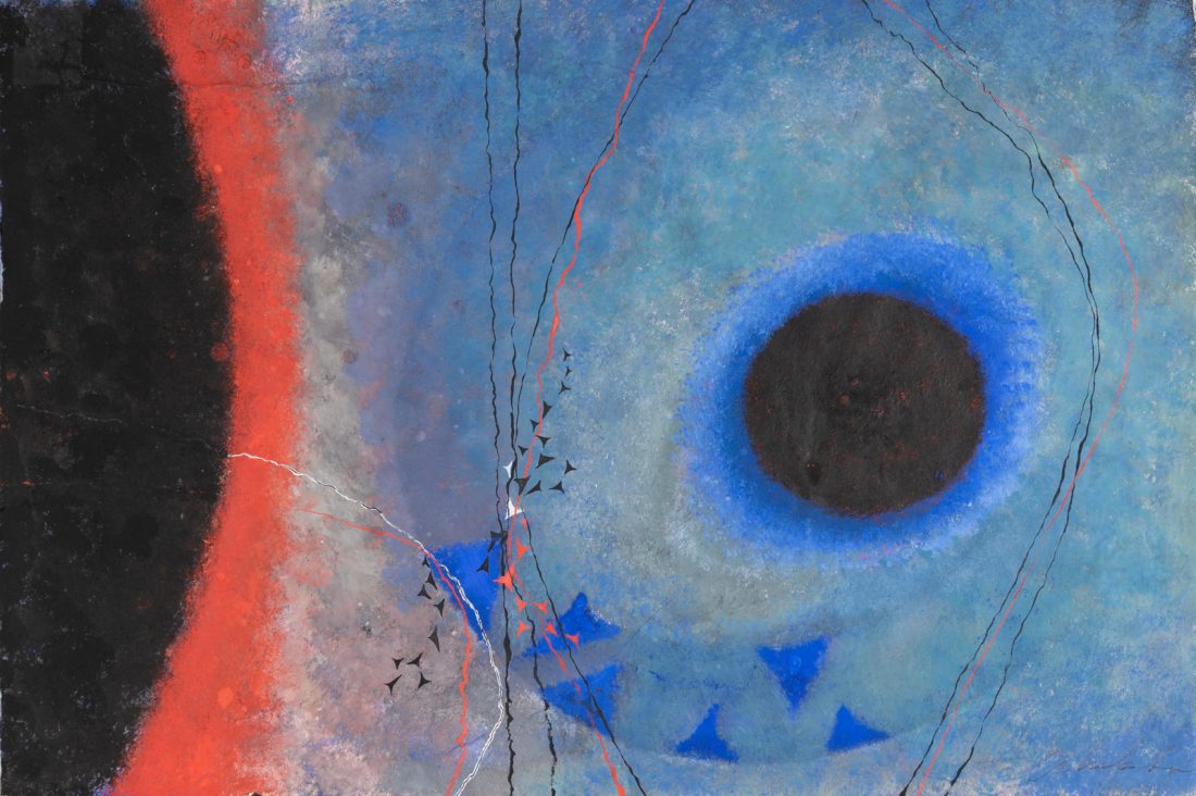 abstract painting with black on the left, red ord, and blue wiht a black circle in the middle