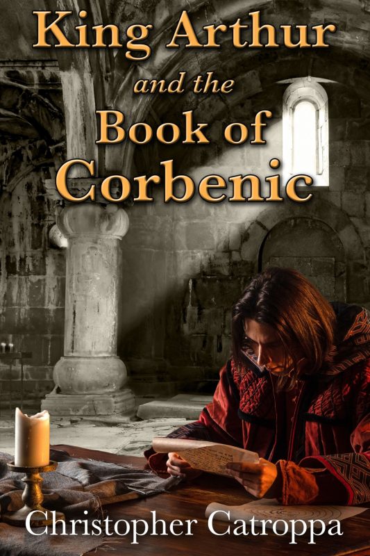 book cover with title and author name, person wearing red robe sitting in castle