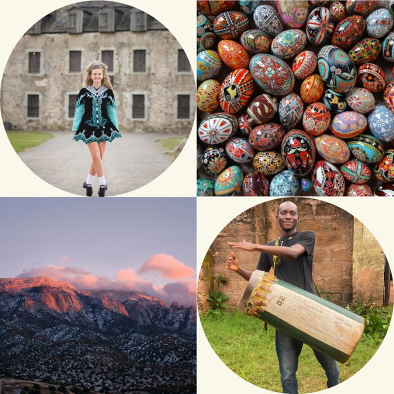 Girl performing Irish dancing, pysanki eggs, a mountain landscape, and a man playing a drum