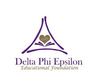 A triangle of thin purple lines. Inside the triangle are Delta Phi Epsilon's greek letter. Under the triangle it says 