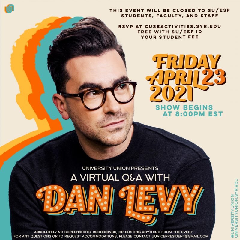 Picture of Dan Levy with time and description of the Q&A event