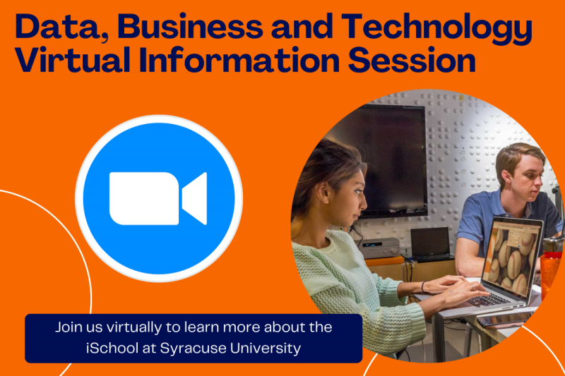 Image featuring students and text about the Data, Business and Technology virtual sessions.