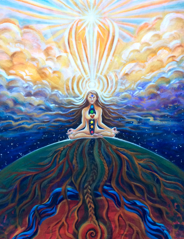 painting of a women sitting on the ground with legs crossed, they appear to be meditating and you can see a radiating heart in the center of their chest