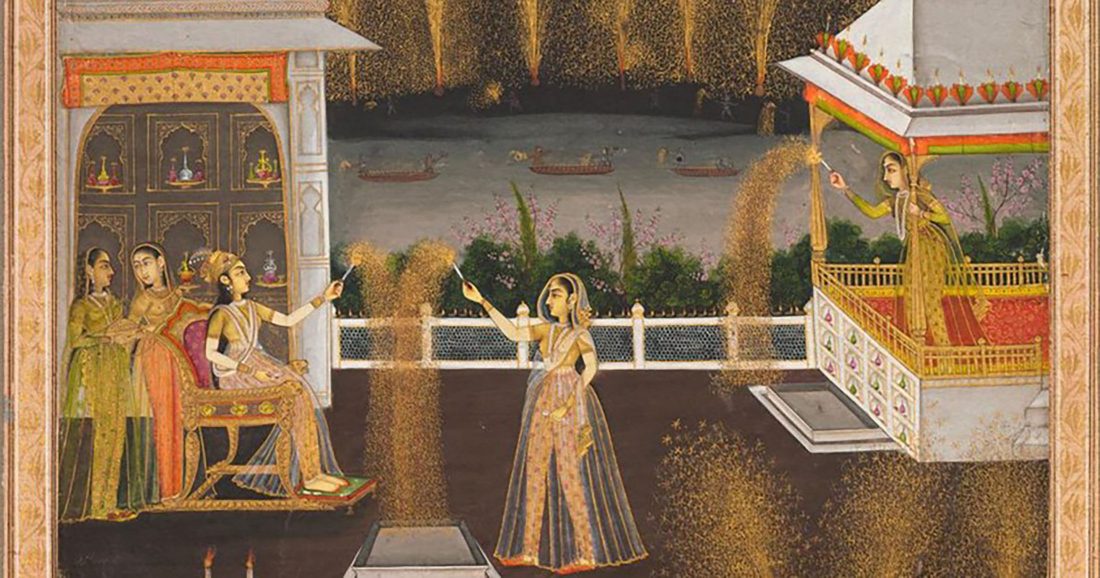 Antique painting of Diwali festivities showing figures holding candles