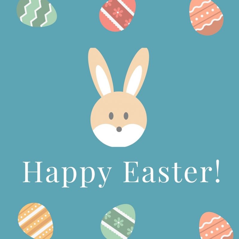 Happy Easter! Image of a cartoon bunny and easter eggs