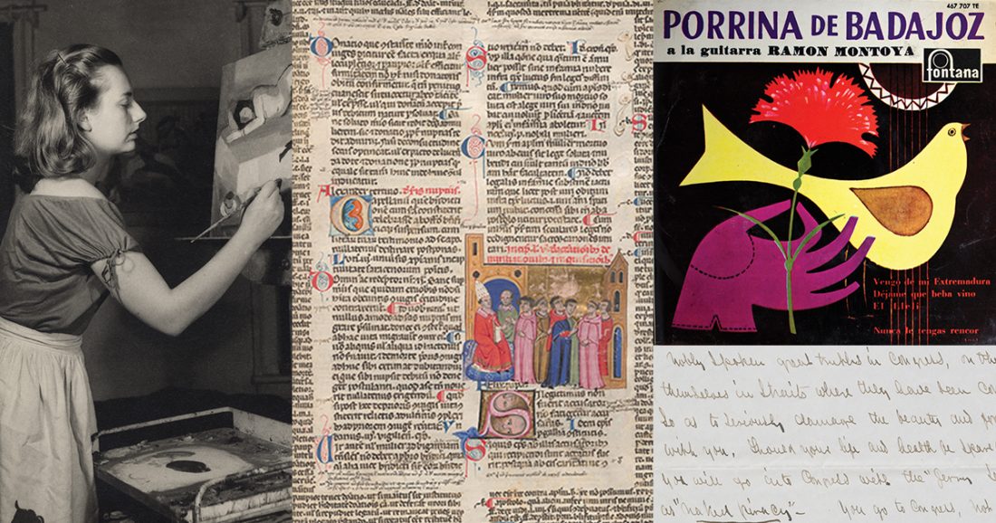 far left: black and white of young woman painting; center: old novella book from 13th century with color drawing of popes and religious leaders; top right: drawing of yellow bird and purple glove holding red carnation; bottom right: handwritten letter from Frederick Douglass to Gerrit Smith