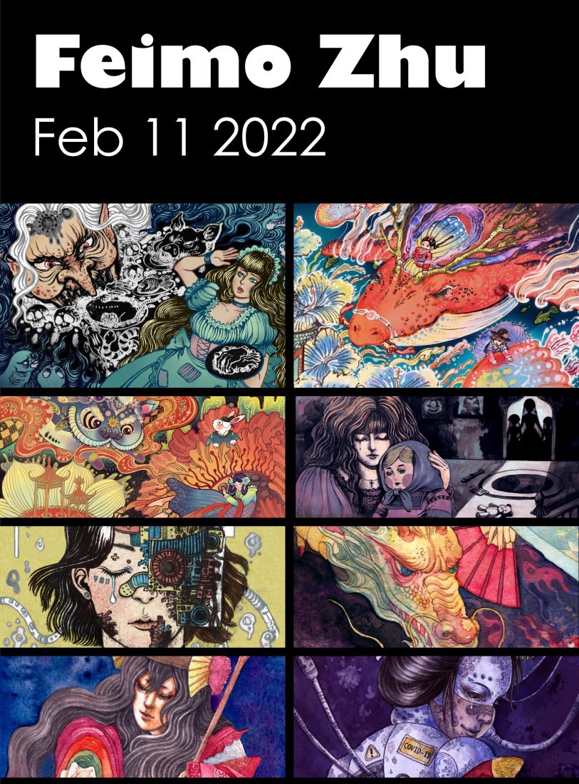 Feimo Zhu, Feb 11 2022 at top in black bar. 8 illustrations in grid two across, 4 down. illustrations in sci-fi genre
