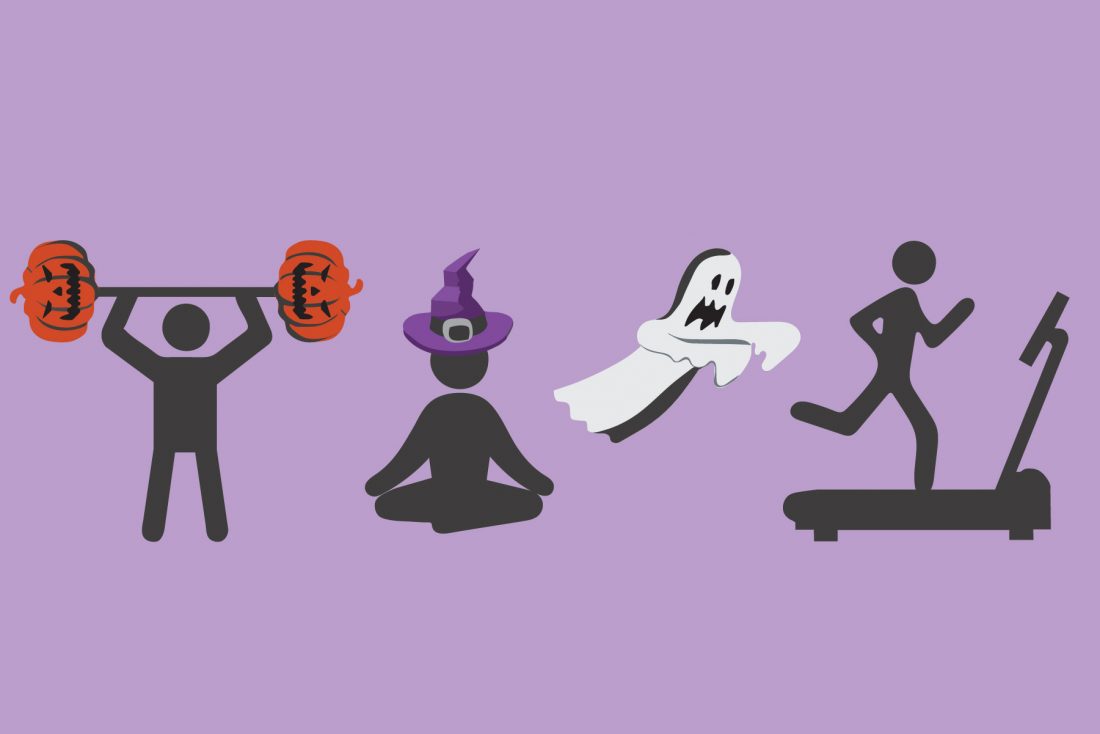 Festival of Frights illustration artwork of an icon weightlifting with pumpkins, an icon meditating wearing a witch hat and an icon running on a treadmill being chased by a ghost.