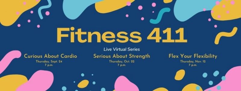 Fitness 411 live virtual series graphic with colorful confetti