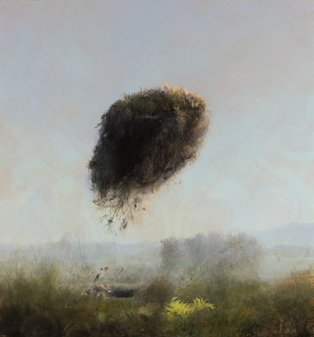oil painting of a landscape with a floating mound of dirt in the air