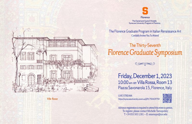 drawing of the Villa Rossa in Florence, Italy and text of 2023 graduate symposium invitation