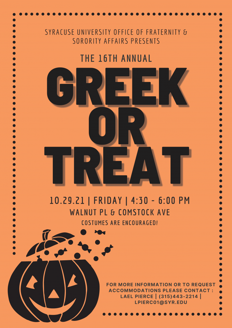 Greek or Treat flyer with pumpkin illustration