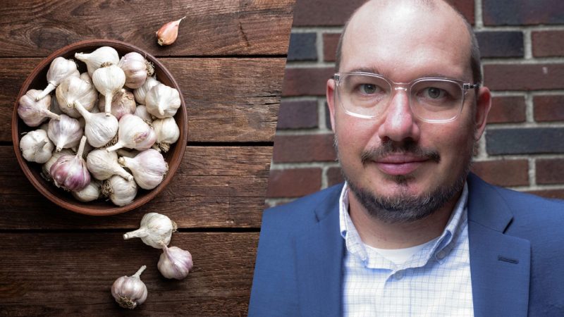 image of a bowl of garlic next to the speaker's portrait