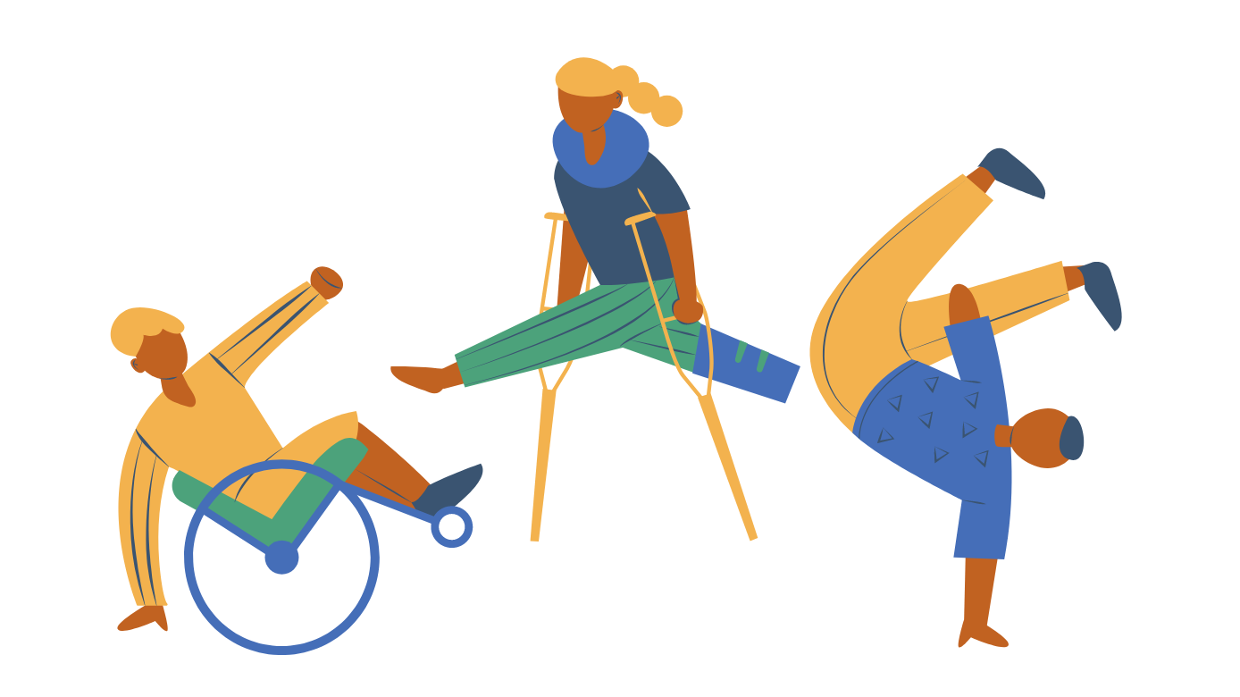three illustrations of people dancing, in a wheelchair, using crutches, and with a limb difference