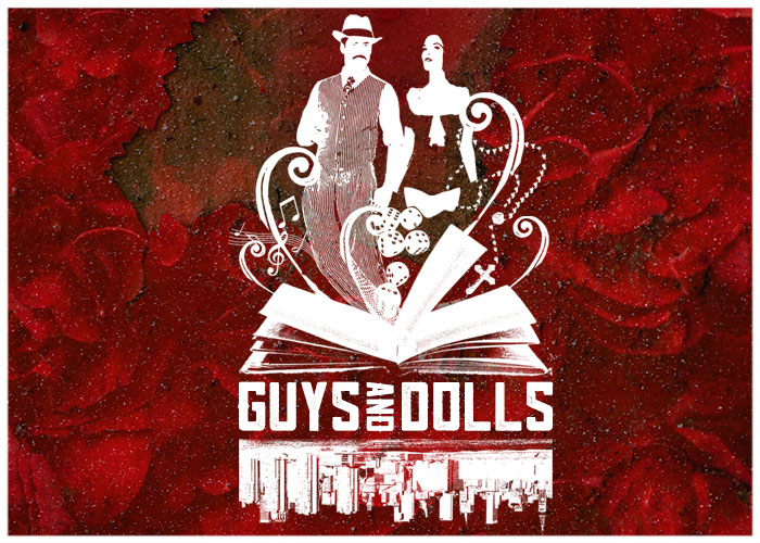 Guys and Dolls show poster with illustration of a man and woman, a cityscape, a book, and dice