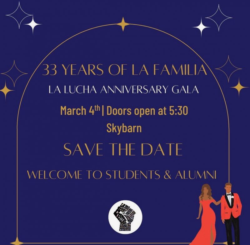 dark blue background with a gold arch  that says 33 years of la familia. In the bottom center there is a white circle with a black first. On the lower right corner is a man and a woman in red formal attire.