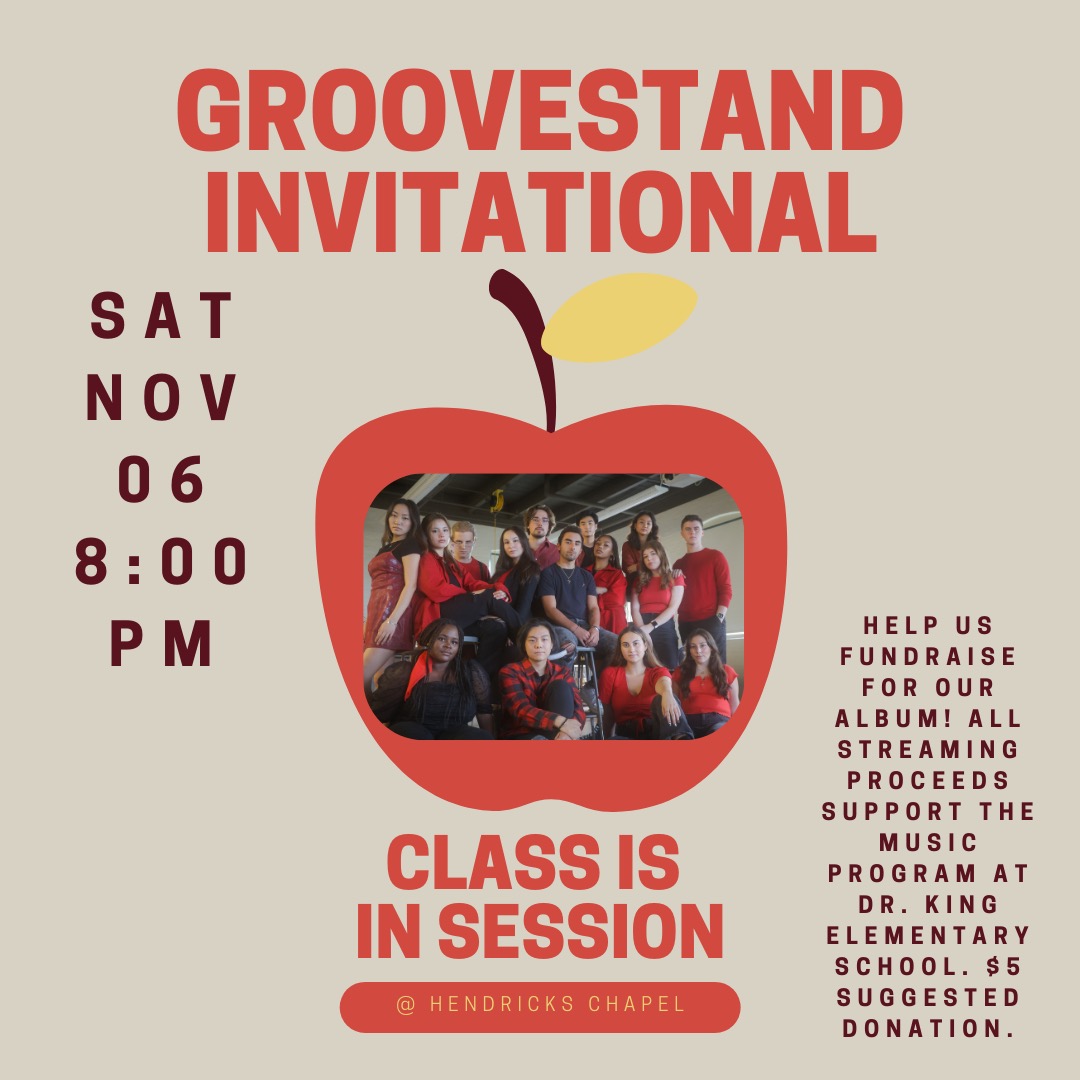 An apple sits in the middle of a beige background. In the center of the apple is a group photo of Groovestand A Cappella. Above the image is text reading, 