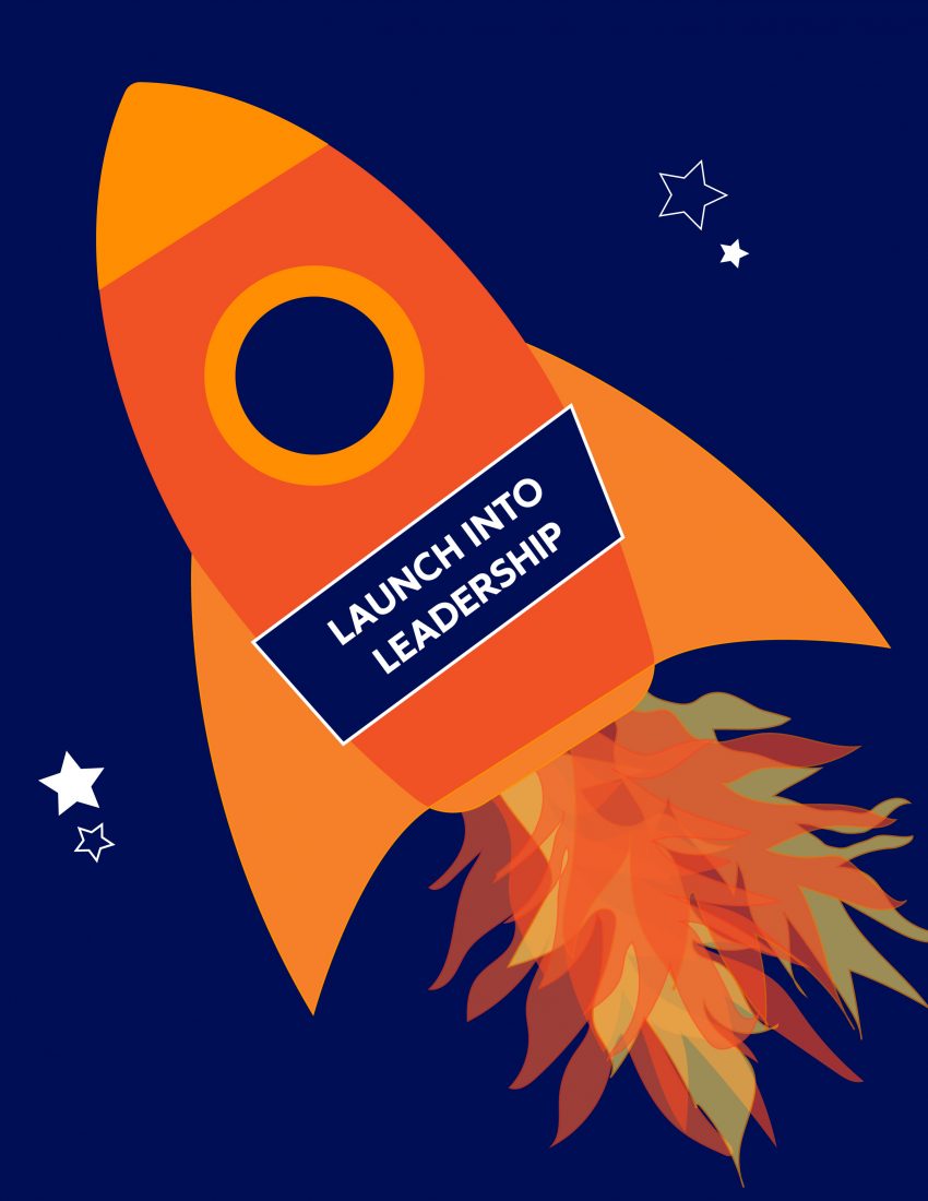 Syracuse University Student Leadership Inspire Retreat Artwork of a spaceship that has text that reads “Launch into Leadership.”