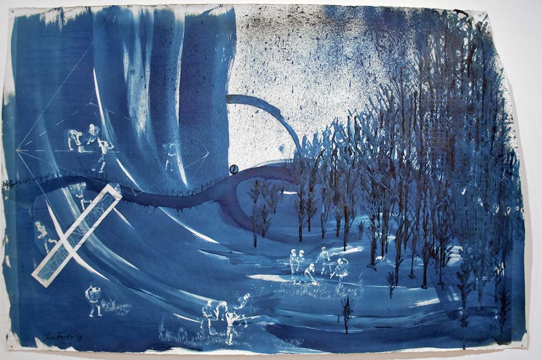 Abstract painting in blues and white, swooping line to the left and seemingly trees along the right 