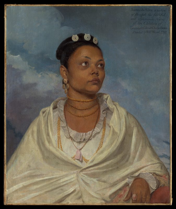painting of dark skinned woman with white gown, flowers in hair and gold jewelry